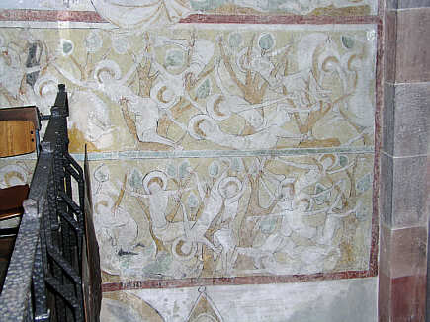 Ausschnitt der jüngeren Wandmalereien nördliches Querhaus nach Ost (um 1300): Martyrium der Zehntausend